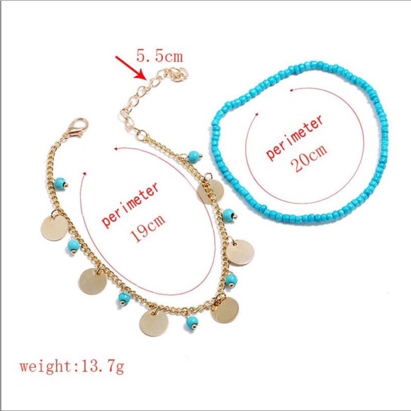 💸FINAL PRICE DROP🌺NWT 2pc Gold Disc & Turquoise Beaded Boho Anklet🌺 - Picture 3 of 12